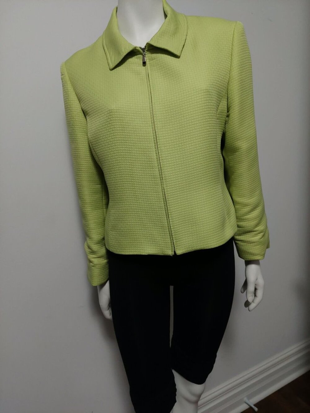 Louben II Vintage Chartreuse Waffle Knit Zip-Front Jacket - Size 14 - Made i EUC